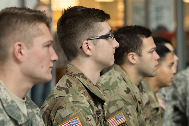 IUPUI student veterans and ROTC members listen to a Veterans Day presentation
